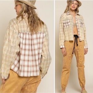 POL Anthropologie Plaid Crop Oversize Button Shirt Mixed Print Blue Green Sm—>L